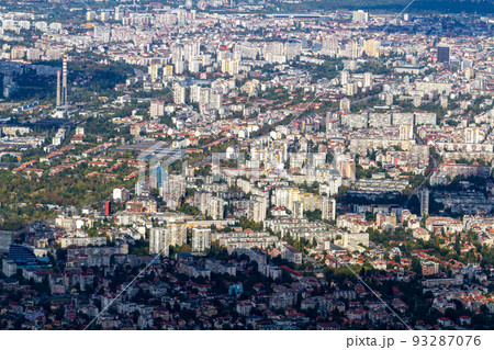 Aerial view of the city of Sofia, Bulgaria. The capital of Bulgaria is located in the west of the country at the foot of the Vitosha mountain range. History of city has more than two thousand years. 93287076
