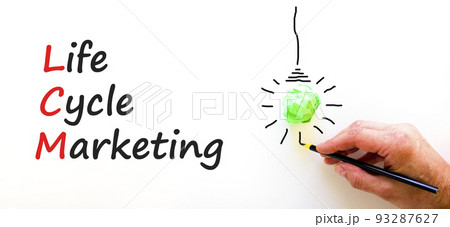 LCM lifecycle marketing symbol. Concept words LCM lifecycle marketing on a beautiful white background. Green light bulb icon. Businessman hand. Business LCM lifecycle marketing concept. Copy space. 93287627