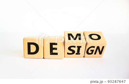 Demo and design symbol. Turned cubes and changed the word 'design' to 'demo'. Beautiful white background. Business demo and design concept. Copy space. Demo and design symbol. Turned cubes and changed the word 'design' to 'demo'. Beautiful white background. Business demo and design concept. Copy space. 93287647