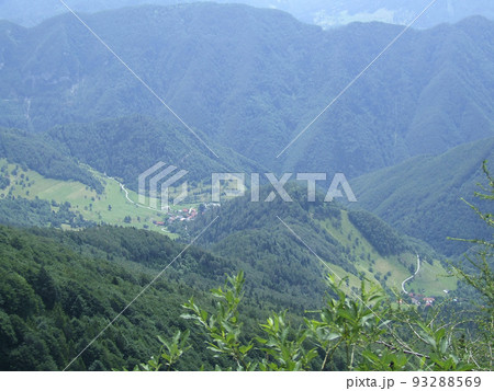 Landscape with mountains covered with green forest. Mountain panorama Landscape with mountains covered with green forest. Mountain panorama 93288569