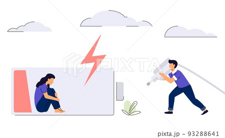 Recharge human Tired woman sitting and hugging her knees with a discharged battery in the thoughts 93288641