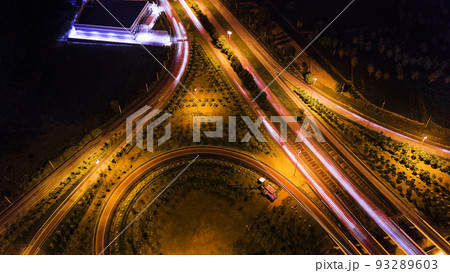 over Road city highway at night - Bird eye viwe - drone -Top view over Road city highway at night - Bird eye viwe - drone -Top view 93289603