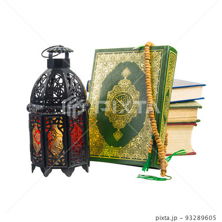 lighted Lantern style Arab or Morocco vintage candle lantern for Muslim community holy month Ramadan Kareem Clipping path 93289605