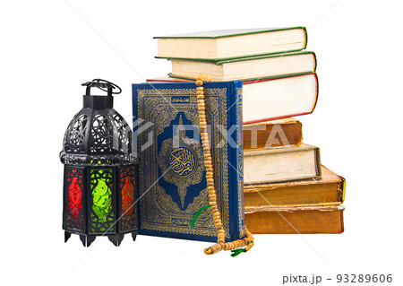 lighted Lantern style Arab or Morocco vintage candle lantern for Muslim community holy month Ramadan Kareem Clipping path 93289606