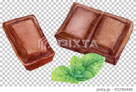 Watercolor chocolate bar with pieces and mint 93290486