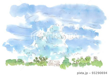 夏空に怪獣みたいな大きな入道雲の水彩画イラスト 93290694