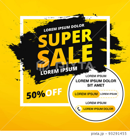 Super Sale banner. Minimal geometric abstract background. Bright design texture. Dynamic shapes composition. Discount up to 50 percent off. Yellow. Vector illustration. 93291455