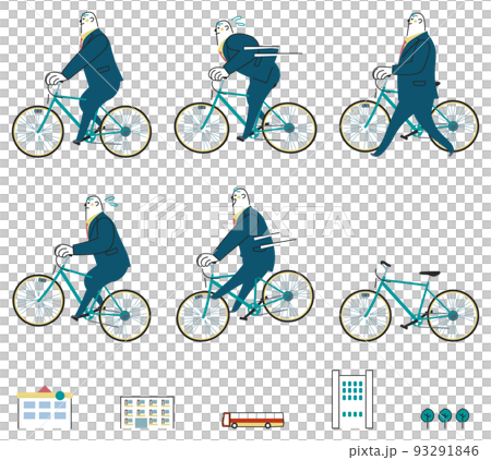 Business person riding a bicycle and running in the business district set illustration material 93291846
