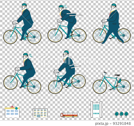 Business person riding a bicycle and running in the business district set illustration material 93291848