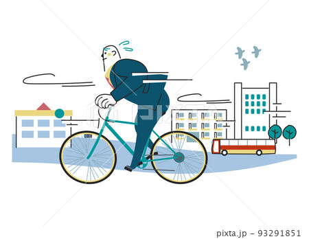 自転車に乗ってビジネス街を走るビジネスパーソン　イラスト素材			 93291851