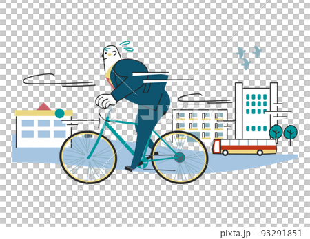 自転車に乗ってビジネス街を走るビジネスパーソン　イラスト素材			 93291851