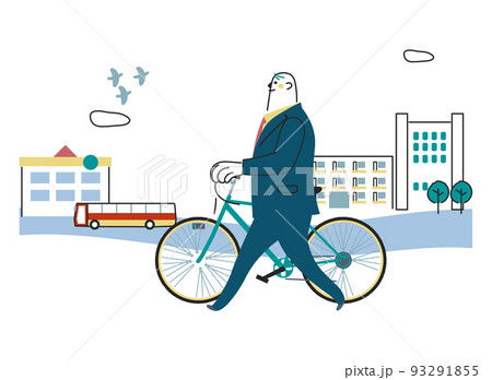自転車を押してビジネス街を歩くビジネスパーソン　イラスト素材 93291855