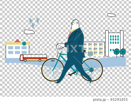 商務人士推著自行車走在商業區插畫素材 商務人士推著自行車走在商業區插畫素材 93291855