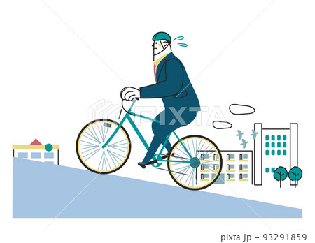 自転車に乗ってビジネス街を走るビジネスパーソン　イラスト素材			 93291859