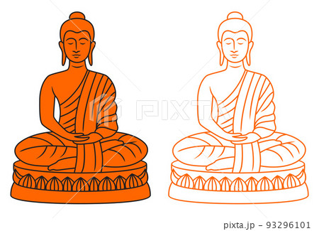 Buddha meditating character in black and white outline Buddha meditating character in black and white outline 93296101