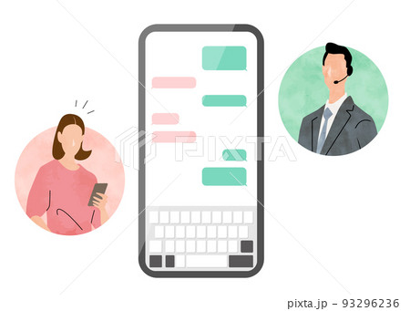 ベクターイラスト素材：スマホでカスタマーサービスとメッセージのやりとりをする女性 93296236