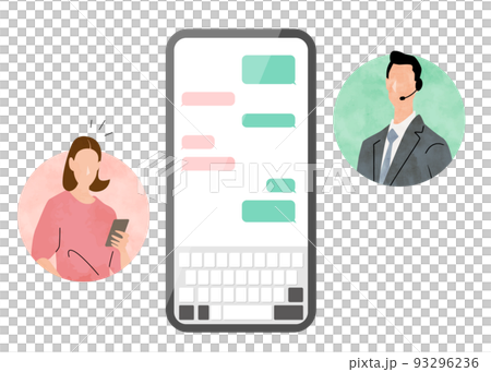 ベクターイラスト素材：スマホでカスタマーサービスとメッセージのやりとりをする女性 93296236