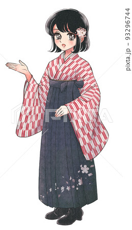 大正ロマン 矢絣着物に袴を身に着けたおかっぱの女学生のイラスト素材