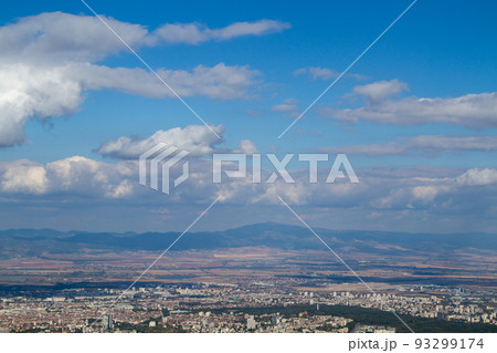 Aerial view of the city of Sofia, Bulgaria. The capital of Bulgaria is located in the west of the country at the foot of the Vitosha mountain range. History of city has more than two thousand years. 93299174