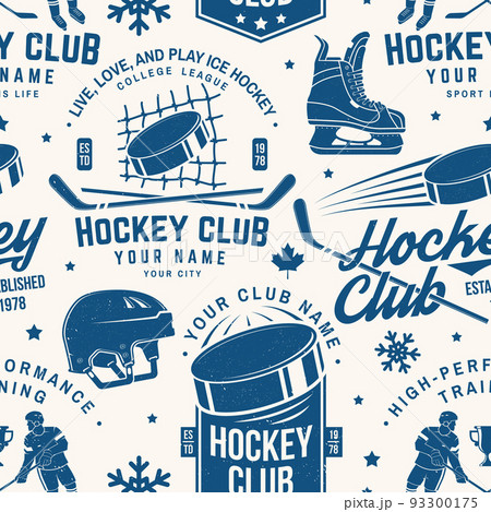 Ice hockey club seamless pattern in retro style. Vector illustration. Background, wallpaper, seamless pattern with player, helmet, sticks, goalkeeper, pick and skates silhouette. Ice hockey club seamless pattern in retro style. Vector illustration. Background, wallpaper, seamless pattern with player, helmet, sticks, goalkeeper, pick and skates silhouette. 93300175