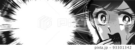 70年代少女漫画顔面蒼白白目で怯える美女の白黒ワイドサイズイラスト 93301342