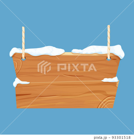 Old winter wooden blank, signboard with snow, rope in cartoon style.Empty frame, direction plank isolated on white background. Season decoration Old winter wooden blank, signboard with snow, rope in cartoon style.Empty frame, direction plank isolated on white background. Season decoration 93301518
