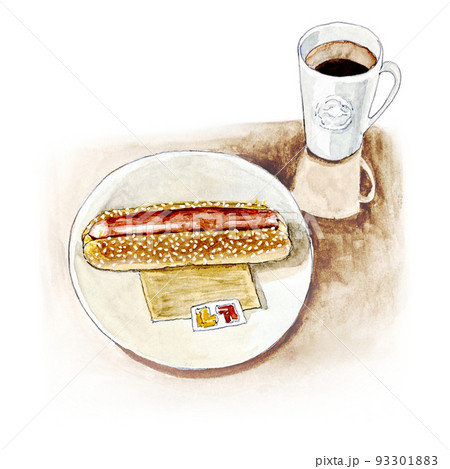 水彩：ホットドック　コーヒー　軽食 93301883
