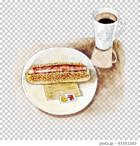 Watercolor: hot dog coffee light meal Watercolor: hot dog coffee light meal 93301883