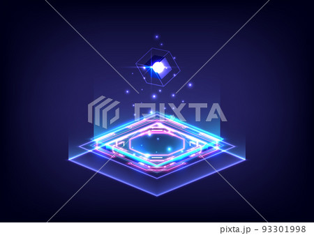 Product display and presentation. Futuristic sci-fi technology cyberpunk platform pedestal cyber. Square podium. Holographic neon lightings. Magic gate in game fantasy Product display and presentation. Futuristic sci-fi technology cyberpunk platform pedestal cyber. Square podium. Holographic neon lightings. Magic gate in game fantasy 93301998
