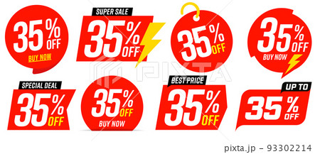 35 percent off sale red tag template. Best price, super sale, special deal promotion badge, sticker, label. Different design for 35 percent off clearance product pointer vector illustration 93302214