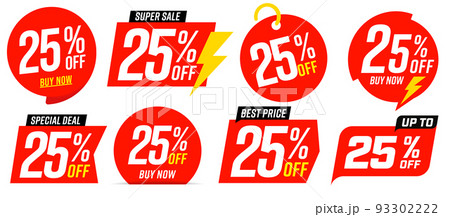 25 percent off best sale red tag template. Best price, super sale, special deal promotion. Different design for 25 percent off clearance red sale product tag vector illustration isolated on white 93302222