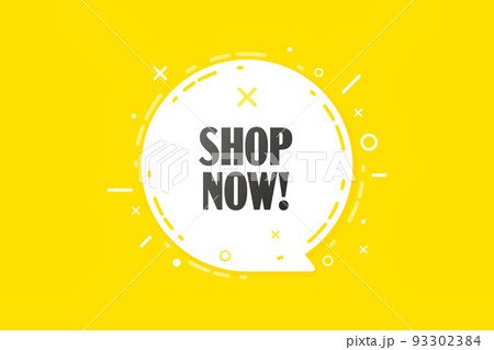 Info banner with shop now motivation text in speech bubble. Online shopping event advertisement. Discount promotion attention message. Commercial offer info banner template vector illustration 93302384