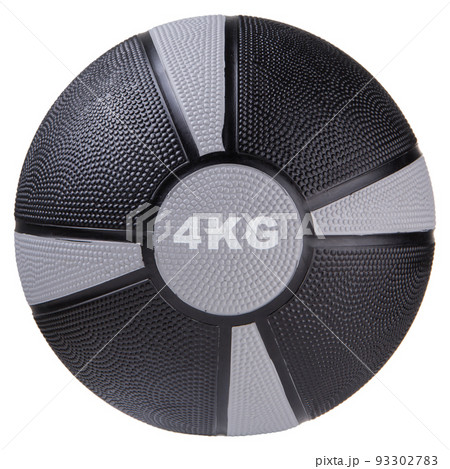 Black medicine ball with gray inserts, weighing four kilograms, on a white background 93302783