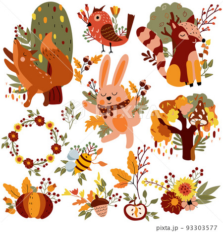 Autumn set, cute forest animals and autumn elements, cunning fox, dancing rabbit, funny raccoon, colorful trees, leaves, flowers. Perfect for web, harvest festival, banner, card and Thanksgiving Autumn set, cute forest animals and autumn elements, cunning fox, dancing rabbit, funny raccoon, colorful trees, leaves, flowers. Perfect for web, harvest festival, banner, card and Thanksgiving 93303577