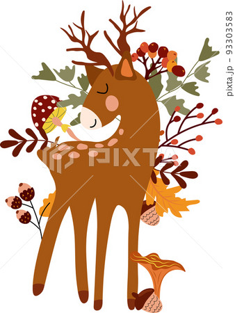 Autumn composition with a cute little deer and a bright bird, autumn berries, leaves and tree branches. Cute Autumn, perfect for web, harvest festival, banner, card,Thanksgiving. Vector illustration 93303583