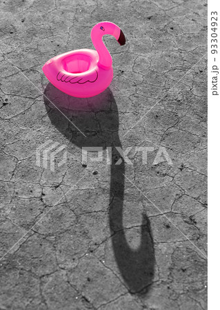 pink inflatable flamingo stands on dry monochrome ground with cracks, toy casts a long shadow 93304923