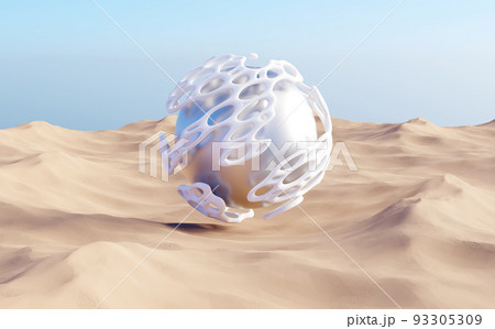 Surreal desert landscape with silver sphere with organic forms Surreal desert landscape with silver sphere with organic forms 93305309