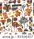 Modern folklore seamless pattern. Hand drawn abstract contemporary illustration with birds, columns, flowers. Vector 93306407
