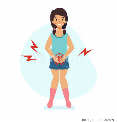 Sad girl has cystitis. Pain in lower abdomen of child. Bladder disease. Sad girl has cystitis. Pain in lower abdomen of child. Bladder disease. 93306979