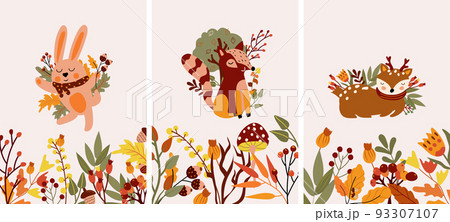Cute Autumn composition with a funny rabbit, deer and raccoon, and autumn leaves, mushroom. Perfect for web, harvest festival, banner, card and Thanksgiving. Vector illustration 93307107