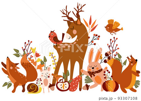 Cute Autumn Animals, Funny deer, cunning fox, mouse, fly bird, cute squirrel, and colorful pumpkin, leaves. Perfect for web, harvest festival, banner, poster, card and Thanksgiving. Vector 93307108