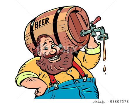 A man with a wooden barrel of beer. Alcoholic drink. Bavarian German tradition 93307578