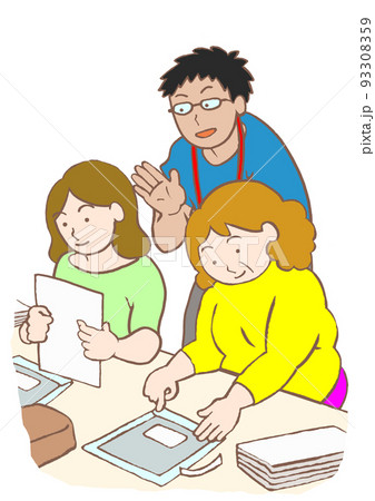 就労支援施設で作業をする精神障害のある利用者と男性スタッフのイラスト 93308359