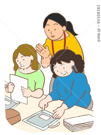 就労支援施設で作業をする精神障害のある利用者と女性スタッフのイラスト 93308362