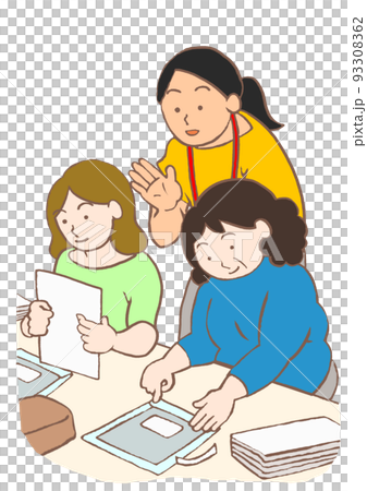 Illustration of a mentally disabled user and a female staff working at an employment support facility 93308362