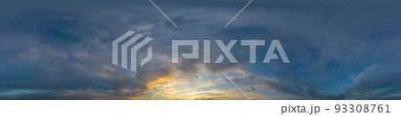 Dramatic sunset sky panorama with Cumulus clouds. Seamless hdr 360 pano in spherical equirectangular format. Complete zenith for 3D visualization, game and sky replacement for aerial drone panoramas 93308761
