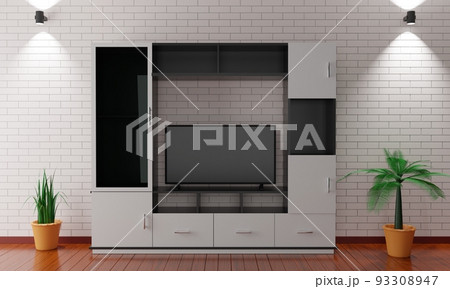 lcd tv on showcase and cabinet in the livingroom.3d rendering. lcd tv on showcase and cabinet in the livingroom.3d rendering. 93308947