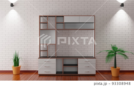 white showcase and cabinet in the living room.3d rendering. white showcase and cabinet in the living room.3d rendering. 93308948