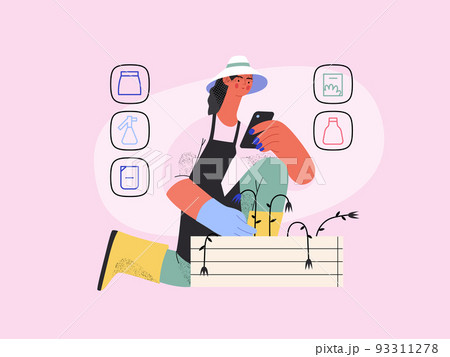 Shop now - Online shopping and electronic commerce series - modern flat vector concept illustration of a woman gardening and shopping online. Promotion, discounts, sale and online orders concept 93311278