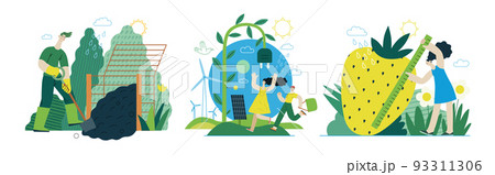 Ecology - Modern flat vector concept illustration on green positive thinking. Waste sorting, Recycling, Green energy, Save the planet, bio farming. Creative landing web page illustrations set Ecology - Modern flat vector concept illustration on green positive thinking. Waste sorting, Recycling, Green energy, Save the planet, bio farming. Creative landing web page illustrations set 93311306